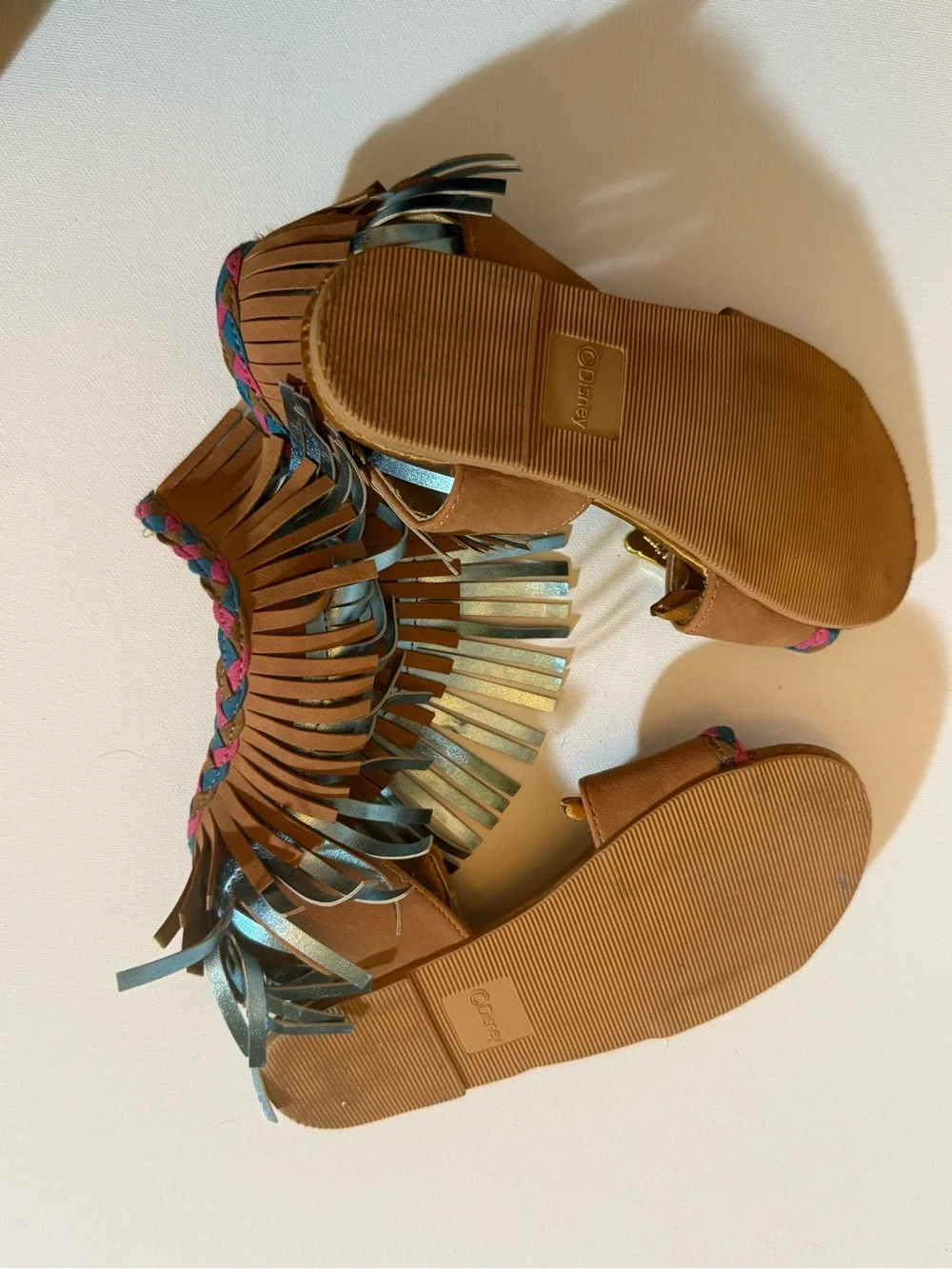 Disney‎ Pocahontas Fringe Flat Sandals Velcro Strap Brown/Blue 13